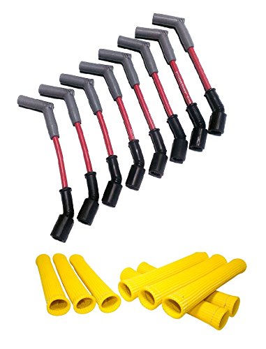 Hinson Motorsports red 8.5mm spark plug wires for LS and Gen V LT — 45 degree boot with yellow heat boots