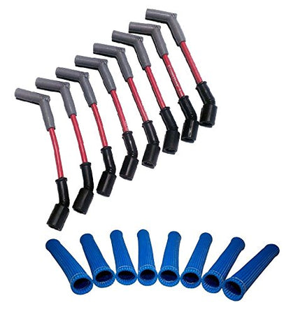 Hinson Motorsports red 8.5mm spark plug wires for LS and Gen V LT — 45 degree boot with blue heat boots
