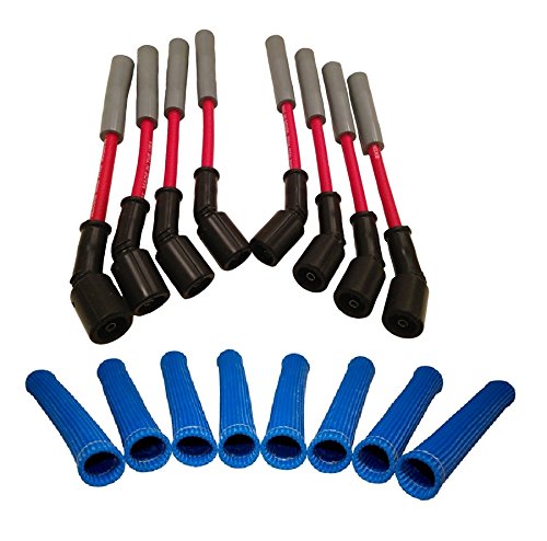 Hinson Motorsports red 8.5mm spark plug wires for LS and Gen V LT — straight boot with blue heat boots