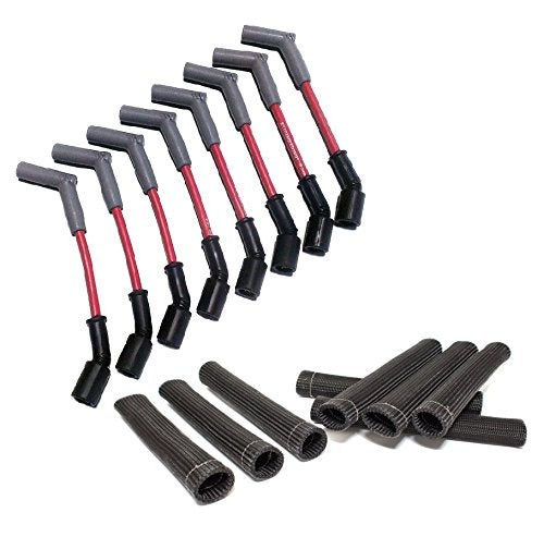 Hinson Motorsports red 8.5mm spark plug wires for LS and Gen V LT — 45 degree boot with black heat boots