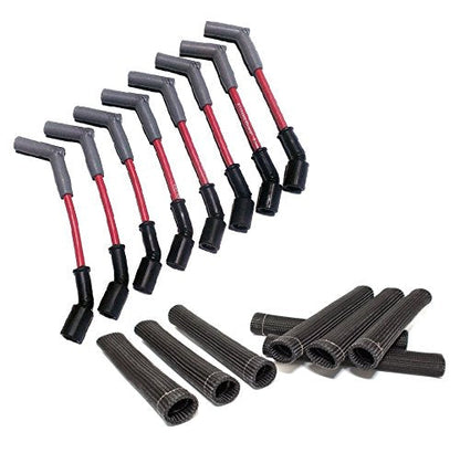 Hinson Motorsports red 8.5mm spark plug wires for LS and Gen V LT — 45 degree boot with black heat boots