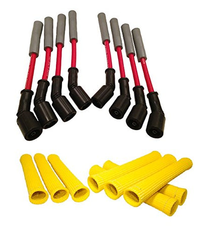 Hinson Motorsports red 8.5mm spark plug wires for LS and Gen V LT — straight boot with yellow heat boots