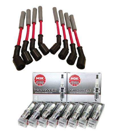 Hinson Motorsports red 8.5mm spark plug wires for LS and Gen V LT — straight boot with NGK TR55 spark plugs