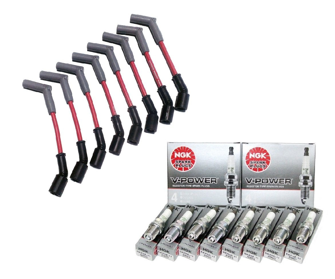 Hinson Motorsports red 8.5mm spark plug wires for LS and Gen V LT — 45 degree boot with NGK TR55 spark plugs