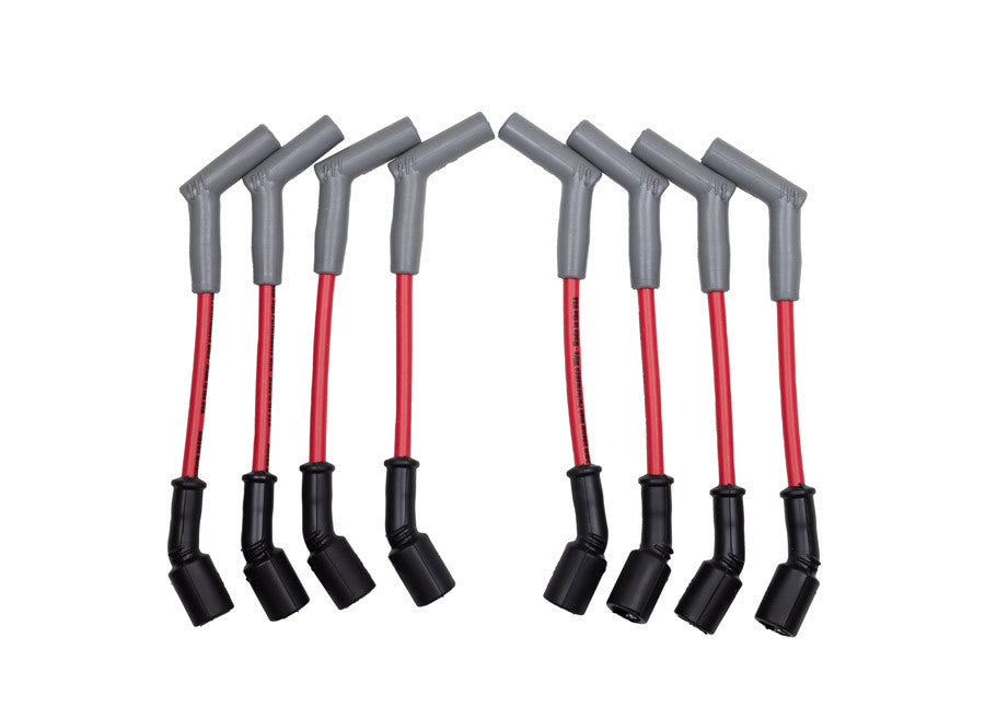 Hinson Motorsports red 8.5mm spark plug wires for LS and Gen V LT — 45 degree boot