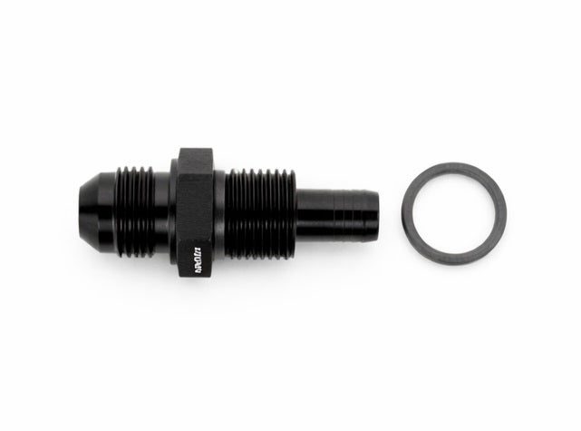 8AN to 10mm Straight Bulkhead Adapter Black with Jam Nut & Crush Washers