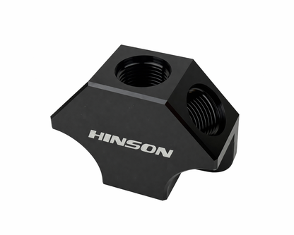 HINSONMotorsports billet Y-block fuel manifold -10 ORB to 3x -8 ORB Female, black anodized, front view showing inlet port and HINSON branding