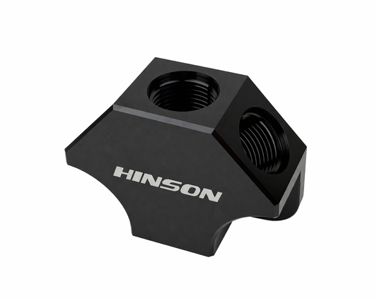 HINSONMotorsports billet Y-block fuel manifold -10 ORB to 3x -8 ORB Female, black anodized, front view showing inlet port and HINSON branding