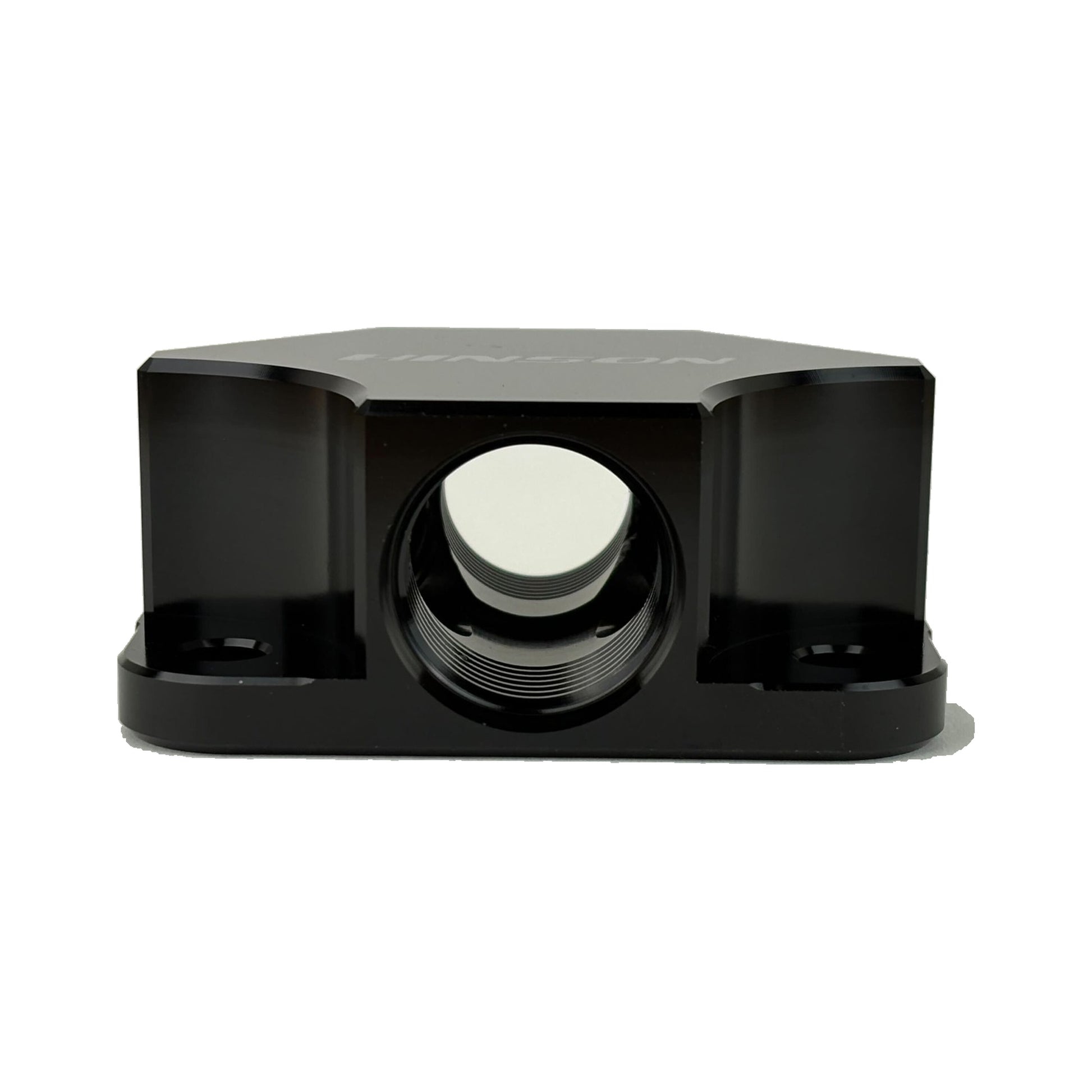 HINSONMotorsports billet Y-block manifold -10 ORB inlet port face view, black anodized 6061-T6 aluminum, showing threaded inlet and mounting tabs