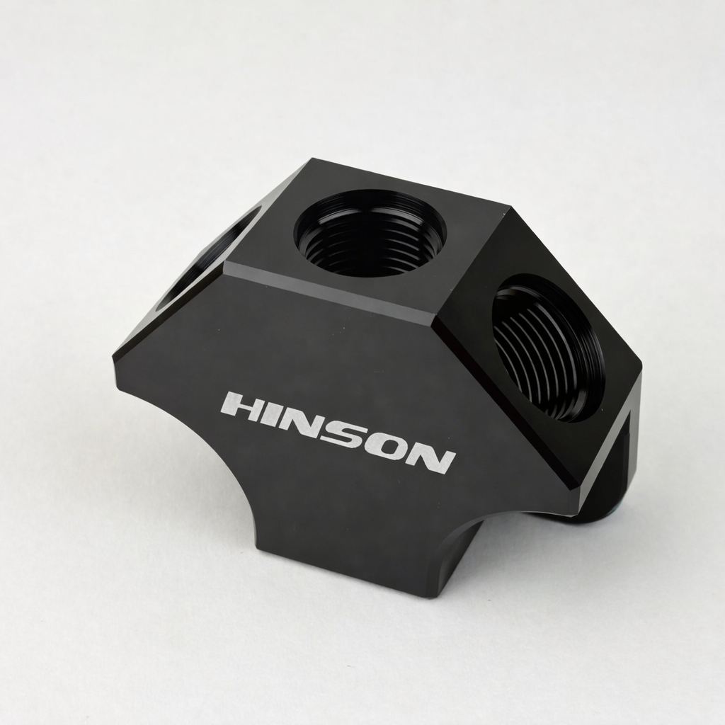HINSONMotorsports billet Y-block fuel manifold lifestyle photo, front angle showing CNC machined detail, inlet and outlet ports, black anodized finish