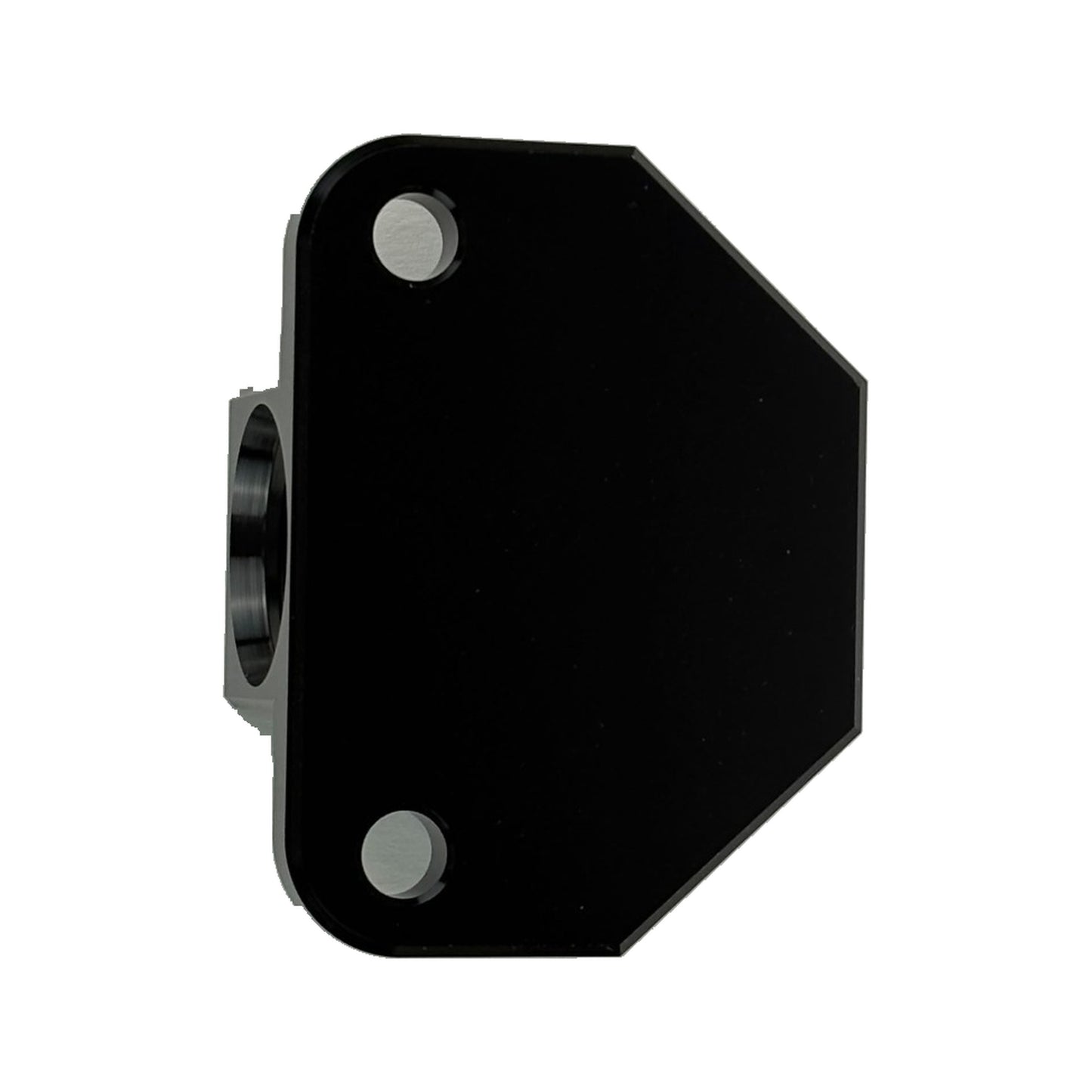 HINSONMotorsports billet Y-block manifold side mounting face view, showing hard-mount bolt holes and outlet ports, black anodized aluminum