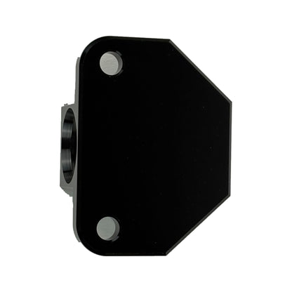 HINSONMotorsports billet Y-block manifold side mounting face view, showing hard-mount bolt holes and outlet ports, black anodized aluminum