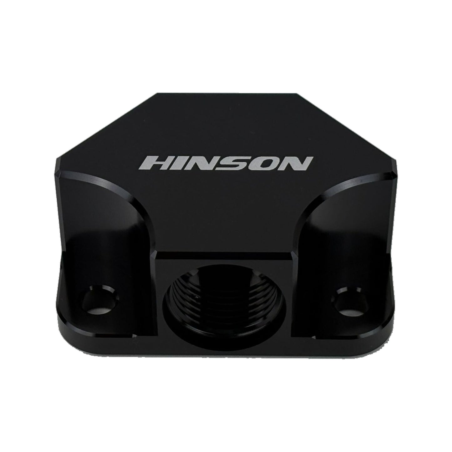 HINSONMotorsports billet Y-block manifold bottom view showing three -8 ORB female outlet ports and HINSON branding, black anodized 6061 aluminum