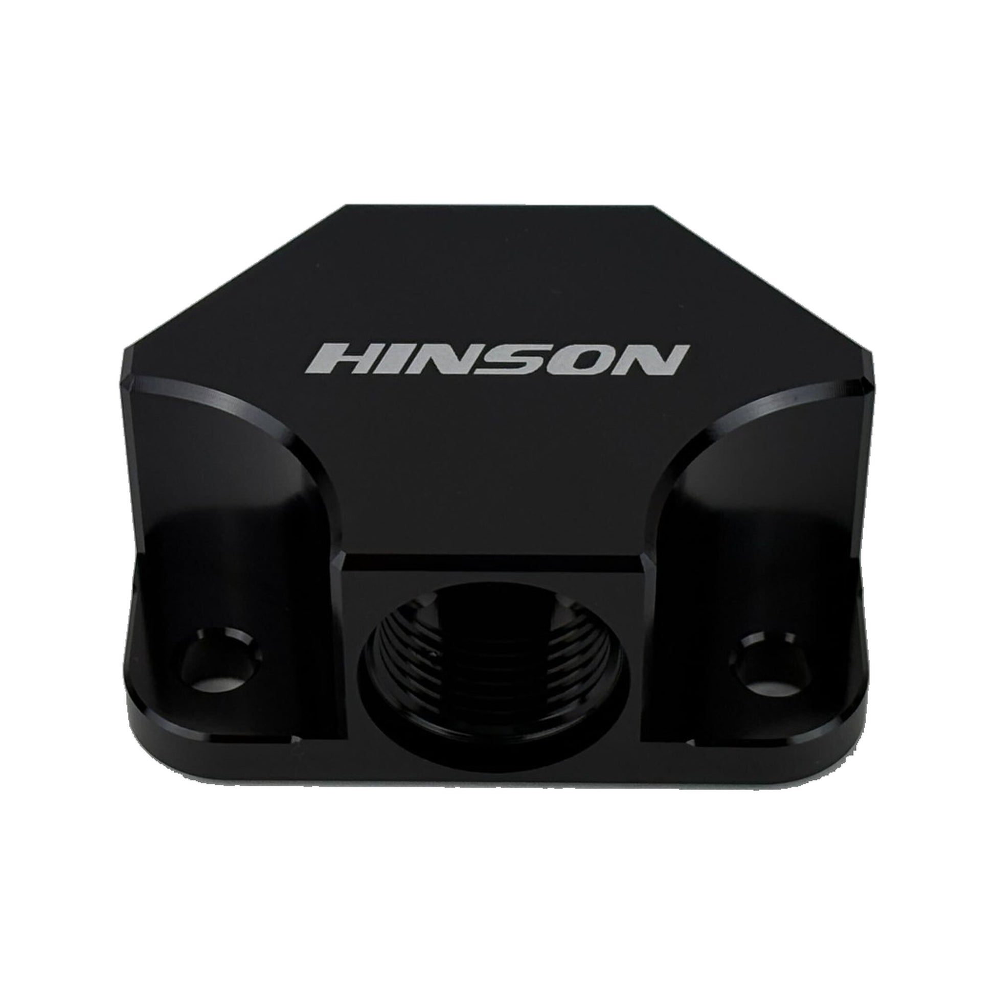 HINSONMotorsports billet Y-block manifold bottom view showing three -8 ORB female outlet ports and HINSON branding, black anodized 6061 aluminum