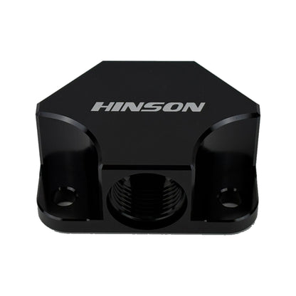 HINSONMotorsports billet Y-block manifold bottom view showing three -8 ORB female outlet ports and HINSON branding, black anodized 6061 aluminum