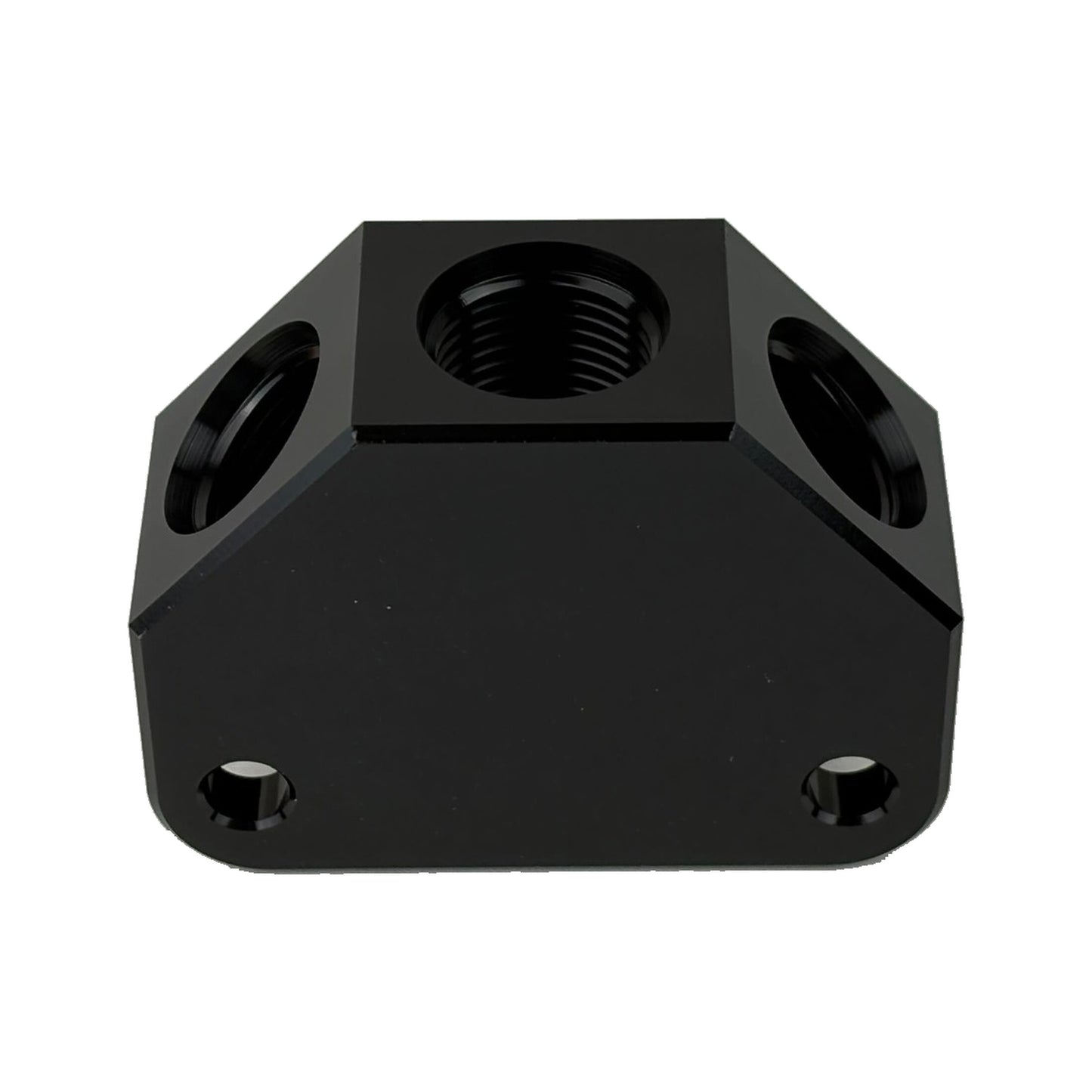 HINSONMotorsports billet Y-block manifold top-angle view showing -10 ORB inlet top center, two -8 ORB side outlets, and mounting holes, black anodized