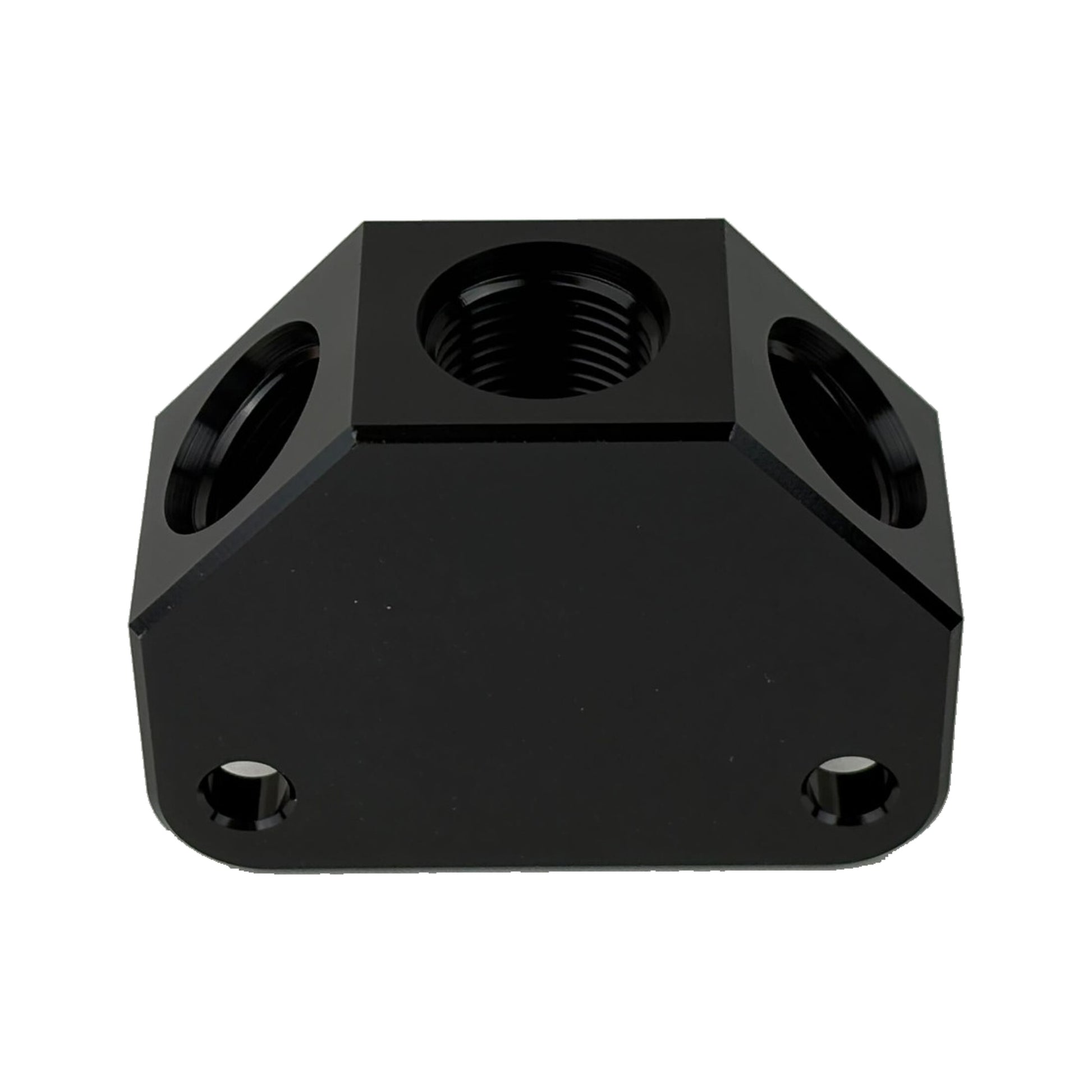 HINSONMotorsports billet Y-block manifold top-angle view showing -10 ORB inlet top center, two -8 ORB side outlets, and mounting holes, black anodized