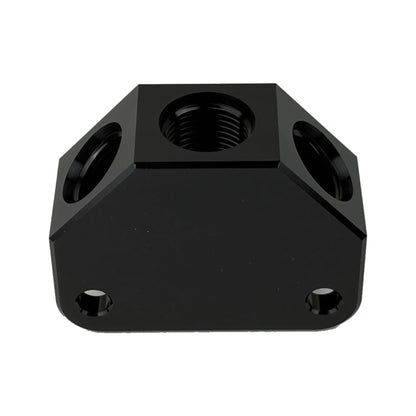 HINSONMotorsports billet Y-block manifold top-angle view showing -10 ORB inlet top center, two -8 ORB side outlets, and mounting holes, black anodized