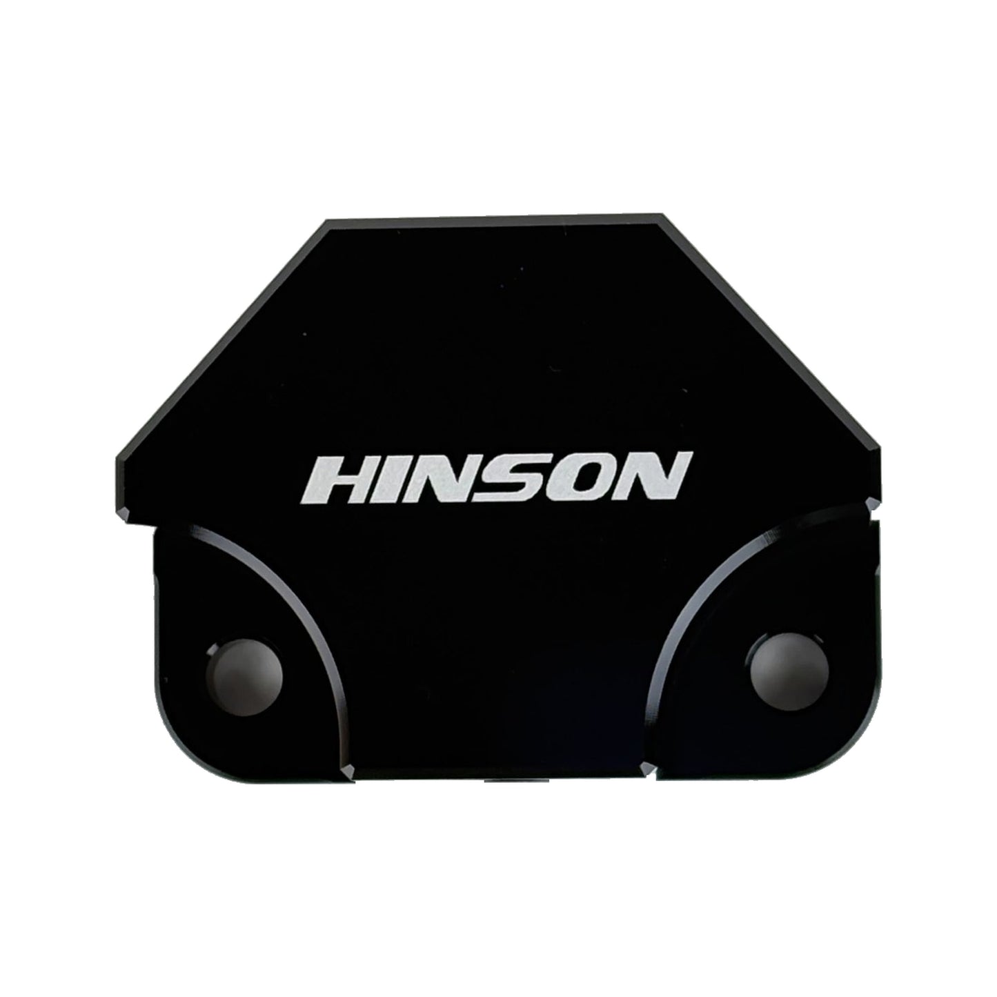 HINSONMotorsports billet Y-block manifold top view showing HINSON branding, outlet ports, and chamfered billet aluminum body, black anodized