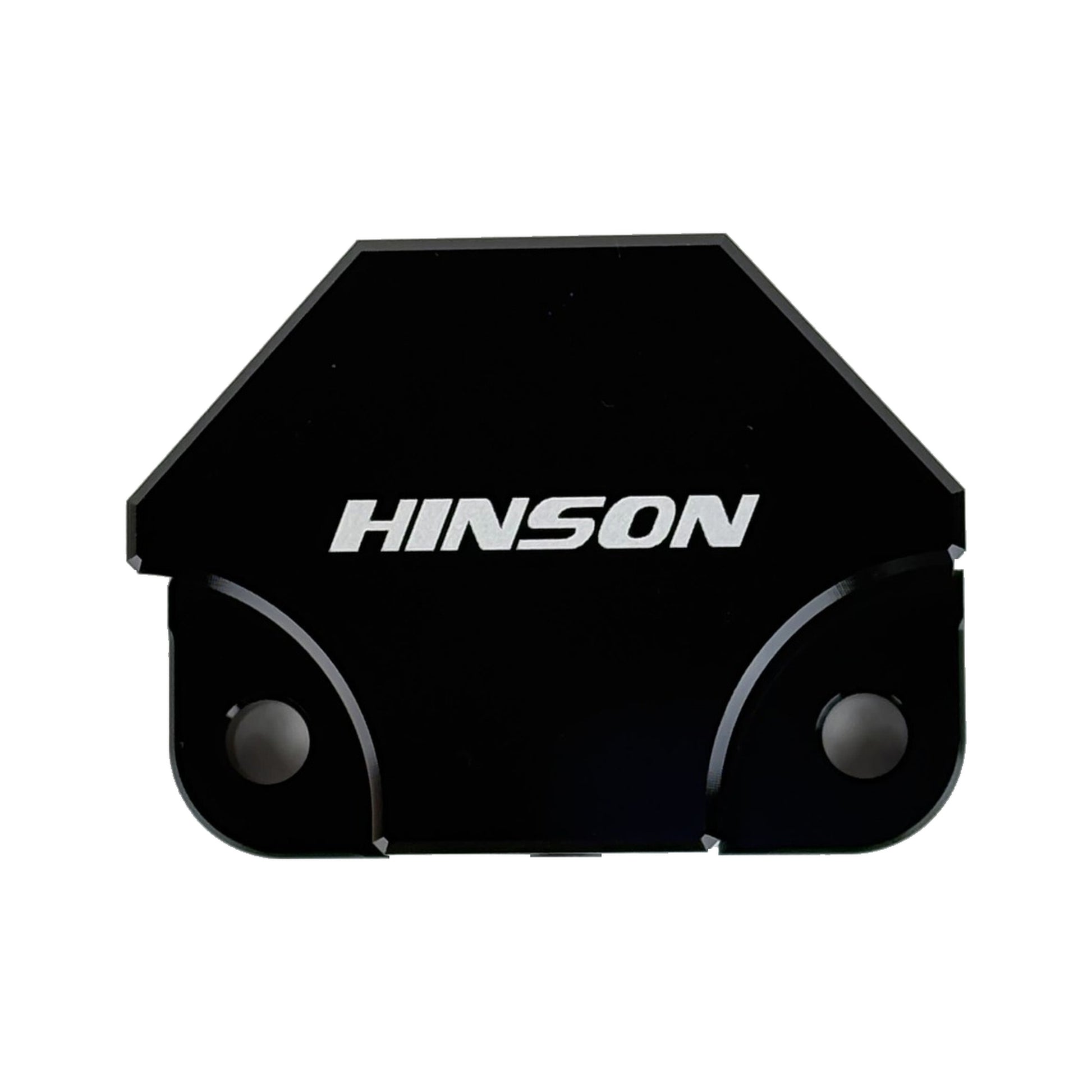 HINSONMotorsports billet Y-block manifold top view showing HINSON branding, outlet ports, and chamfered billet aluminum body, black anodized